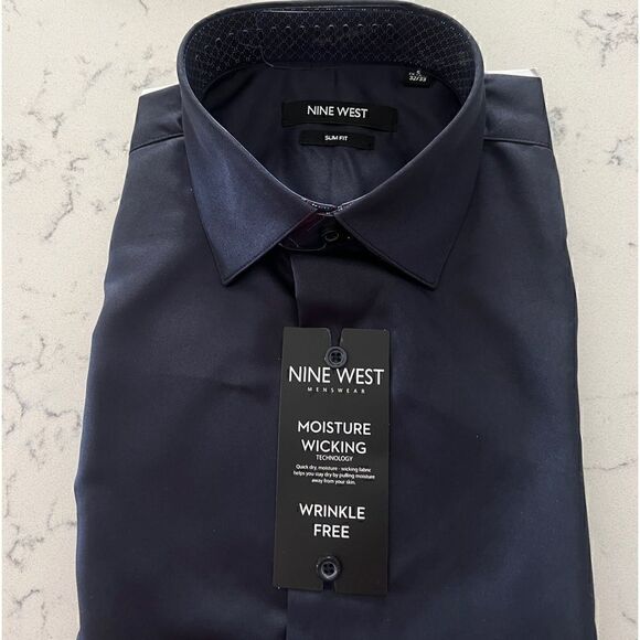 New NINE WEST Men's Slim-Fit Wrinkle-Free  Stretch DARK NAVY L(16-16 1/2 - Picture 7 of 14